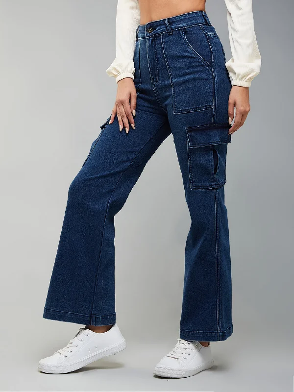 women's dark denim jeans24/7 Comfort Women's Blue Wide  Leg High Rise Stretchable Denim Cargo Jeans