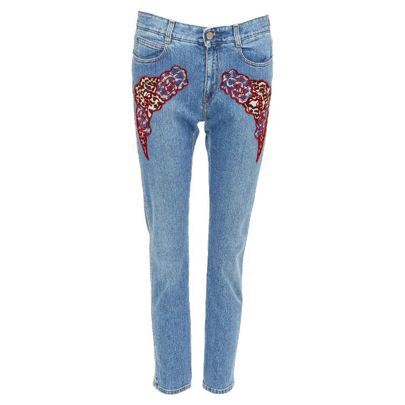 women's white denim jeansStella Mccartney Floral Leopard Applique Patch Jeans