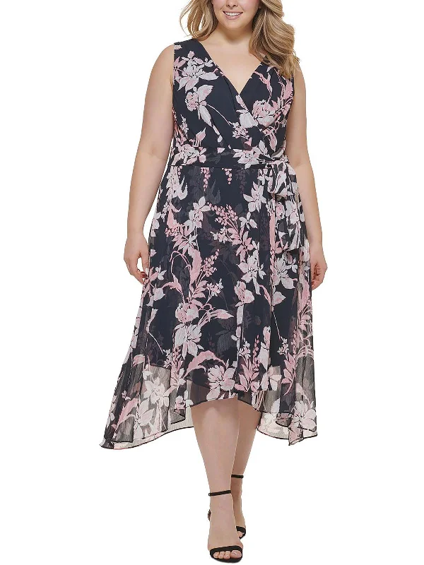 women's travel dressesPlus Womens Chiffon Floral Midi Dress