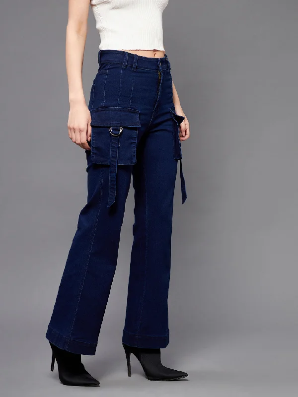 women's denim jeans with sequins24/7 Comfort Timeless Navy Blue Bell Bottom Bootcut High Rise Stretchable Cargo Denim Jeans