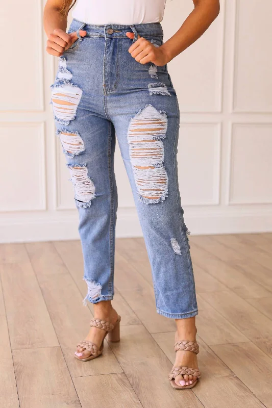 women's denim jeans for a timeless classic lookThe Savannah Mid Rise Straight Fit Distressed Denim In Medium Wash