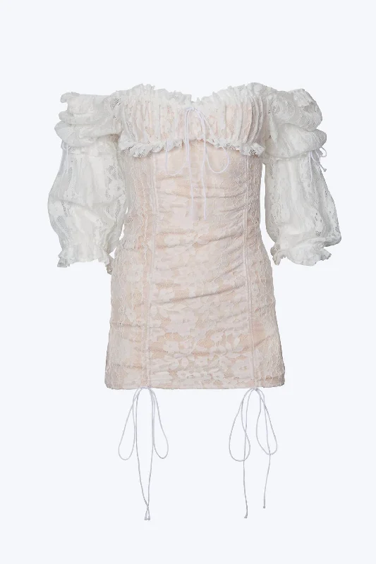 women's wedding guest dressesVintage Ruched Lace Tulle Mini Dress in White