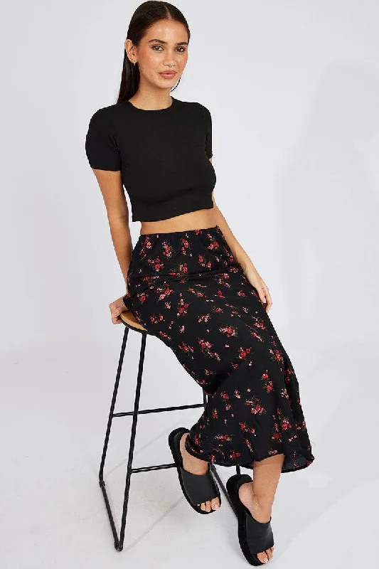 women's everyday casual skirtsBlack Floral Slip Skirt Maxi