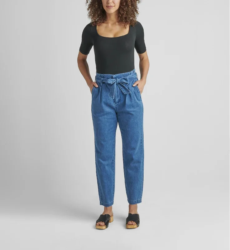 women's denim jeans for workoutsBelted Pleat High Rise Tapered Leg Pant In Blue Nova