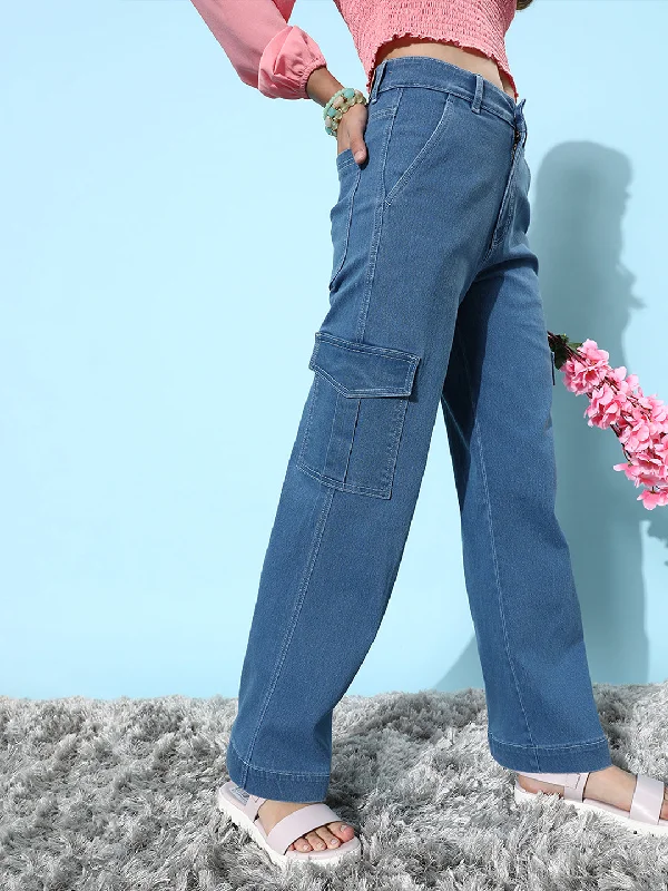 women's distressed denim jeans24/7 Comfort Women's Blue Wide leg Cargo High rise Clean look Regular Stretchable Denim Jeans