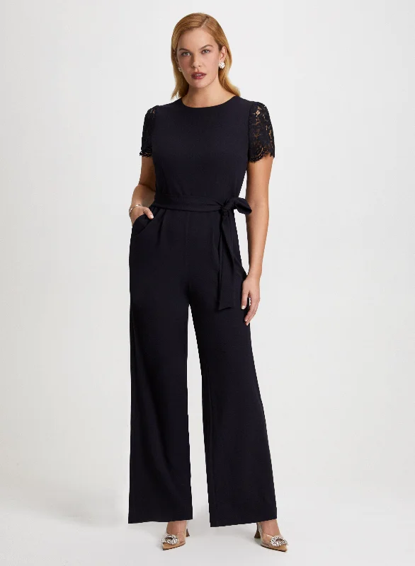 women's high-slit jumpsuitsLace Sleeve Belted Jumpsuit