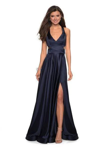 women's glam dressesLa Femme - Plunging Halter V-neck Satin A-line Evening Gown 27487 - 1 pc Navy In Size 4 Available