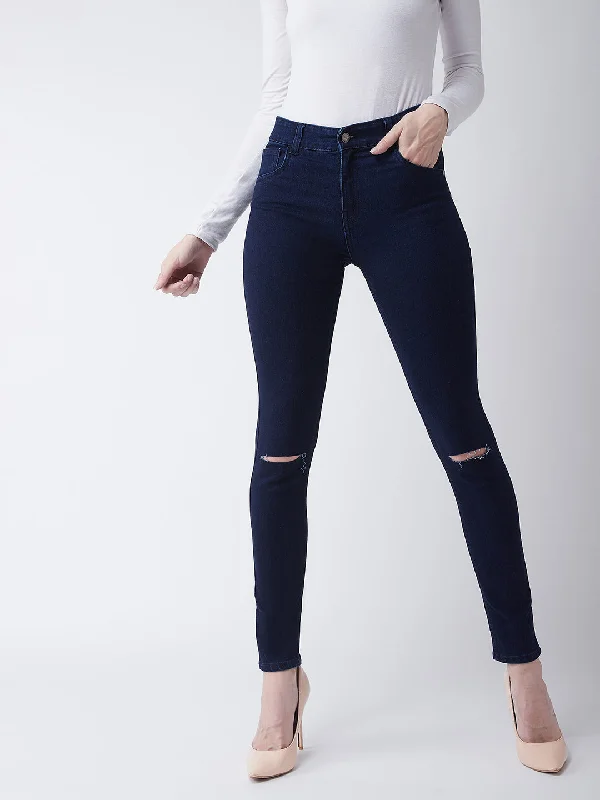 women's denim jeans with fake pocketsWomen's Navy Blue Skinny Fit High Rise Regular Length Clean Look Knee Slit Denim Stretchable Jeans