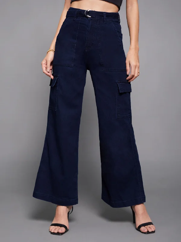 women's denim jeans for winter24/7 comfort Women's Navy Blue Wide leg High rise Clean Look Regular Stretchable Cargo Denim Jeans