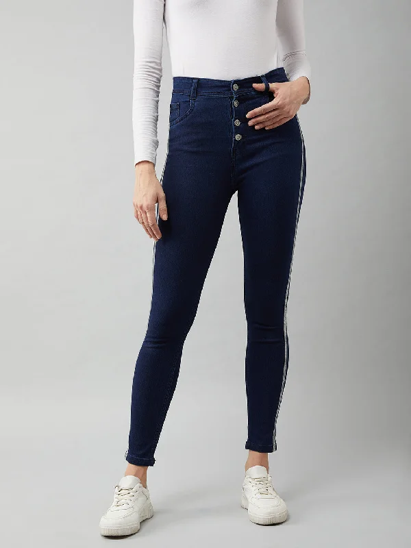 women's denim jeans for casual wearWomen's Navy Blue Cotton Skinny Fit Relaxed High Rise Regular Length Stretchable Denim Jeans