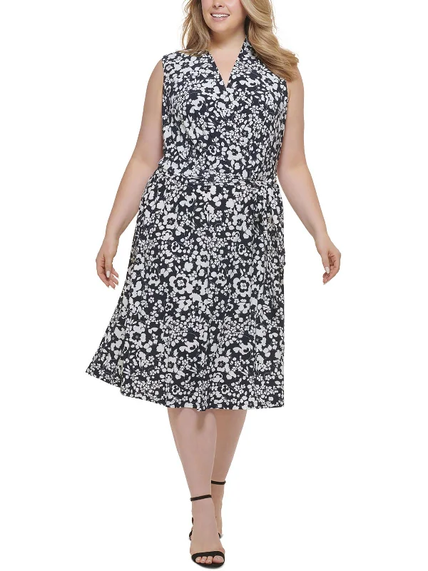 women's ruffle dressesPlus Womens Floral Print Surplice Midi Dress