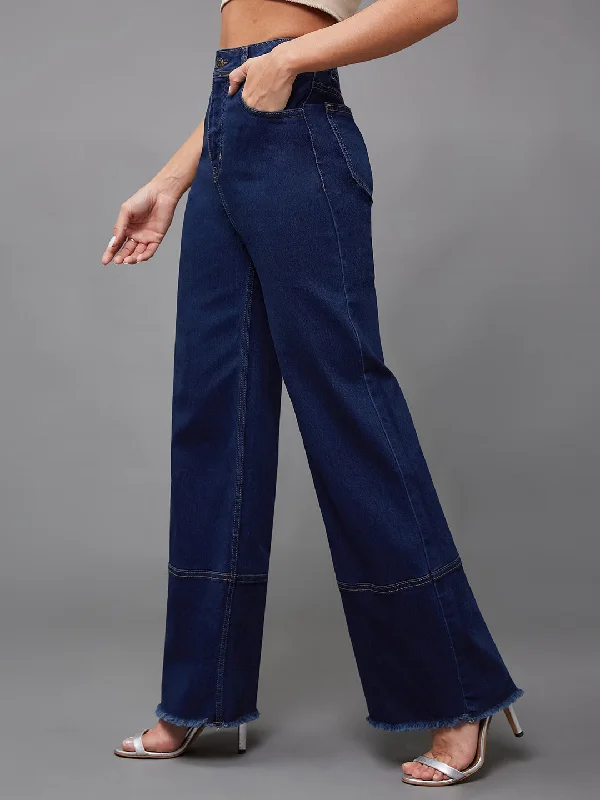 women's denim jeans with raw hems24/7 Comfort Women's Navy Blue Wide Leg High Rise Regular Stretchable Denim Jeans