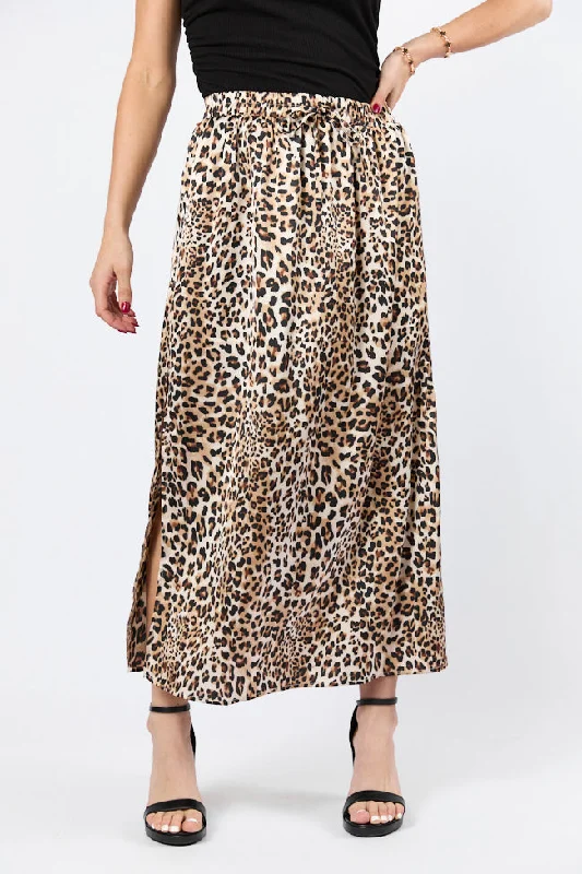 women's polyester tiered skirts for partiesIn The Wild Leopard Print Satin Maxi Skirt