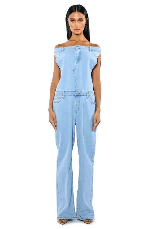 women's jumpsuits with spaghetti strapsSUNDAY STROLLIN DENIM JUMPSUIT