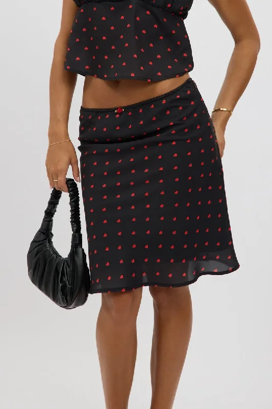 women's knitted skirtsBlack Polka Dot Picot Trim Midi Skirt Chiffon Lined