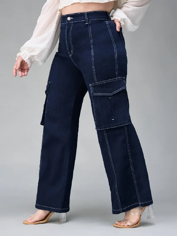 women's denim jeans for a vintage style24/7 Comfort Women's Navy Blue Cargo Wide leg High Rise Stretchable Baggy Denim Jeans