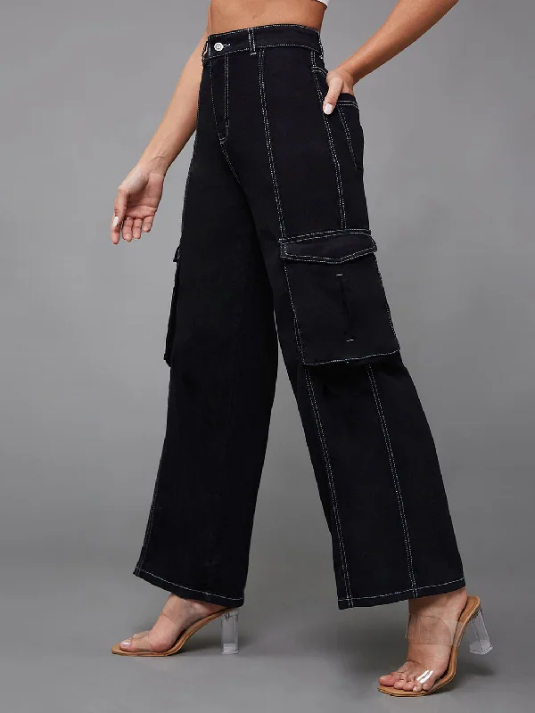 women's denim jeans for parties24/7 comfort Women's Black Wide-Leg High-Rise Clean-Look Regular-Length Stretchable Patch-Pocketed Denim Jeans