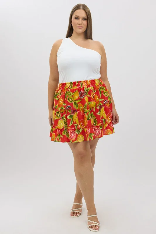 women's polyester skirtsRed Abstract Holiday Fruit Print Mini Skirt