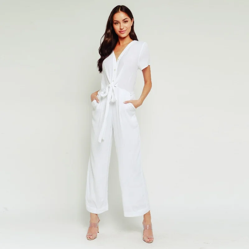 women's jumpsuits for glamorous eveningsWaist Tie Button Up Jumpsuit (White)