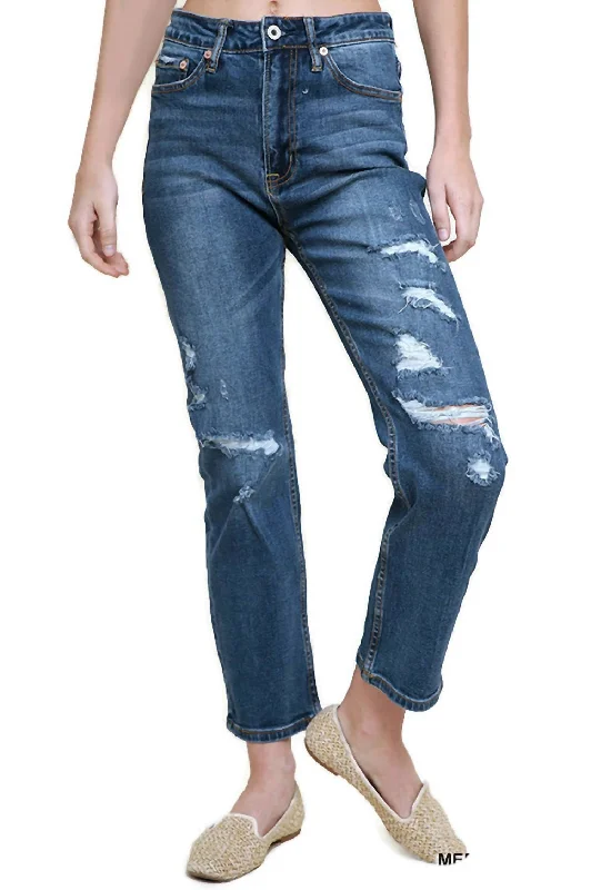 women's faded denim jeansDistressed High Waist Straight Leg Jean In Medium Wash