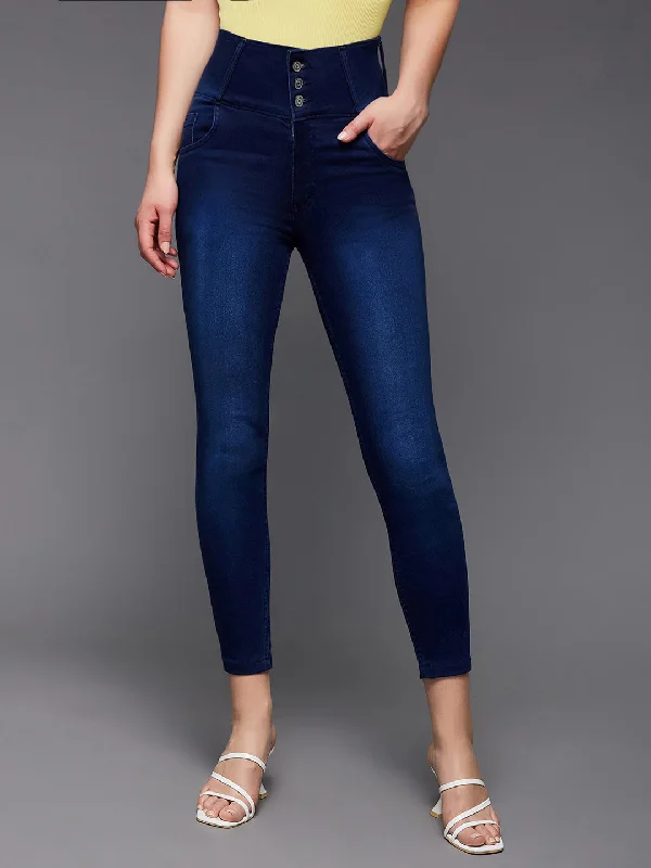 women's high-waisted denim jeansWomen's Navy Blue Skinny Fit High Rise Cropped Length Stretchable Denim Jeans