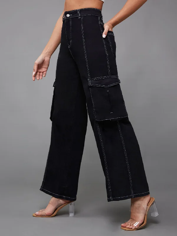 women's denim jeans for a night at the club24/7 Comfort Women's Black Wide-Leg High-Rise Stretchable Cargo Denim Jeans