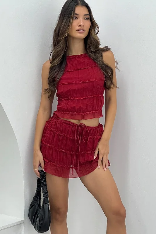 women's casual high-slit skirtsRed Mini Skirt Mid Rise Shirred Detail Lined Bloomers