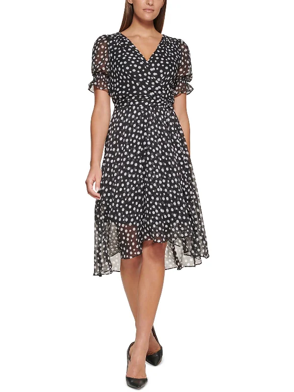 women's cold-shoulder dressesAdrianna Womens Polka Dot Chiffon Midi Dress