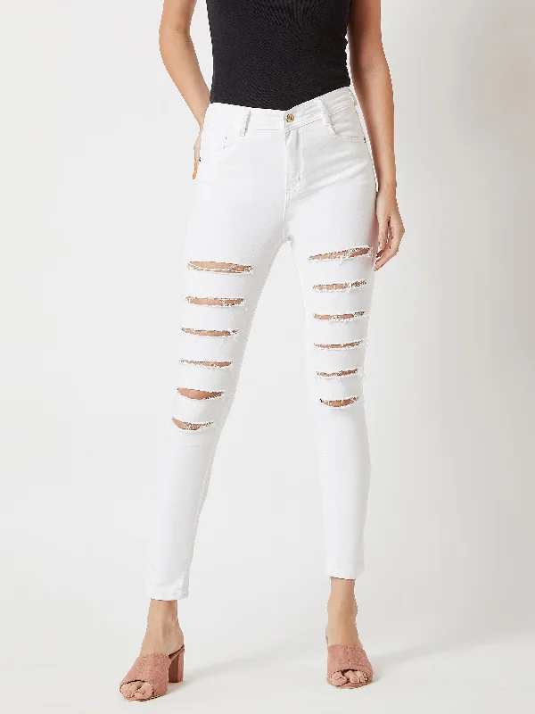 women's distressed denim jeans with holesWomen's White Skinny High Rise Ripped Stretchable Denim Jeans