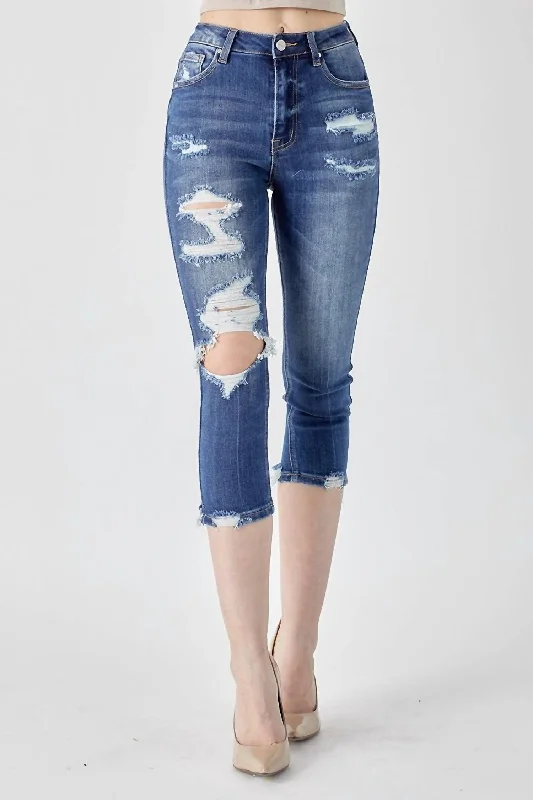 women's distressed denim jeansHigh-Rise Distressed Capri In Dark Wash