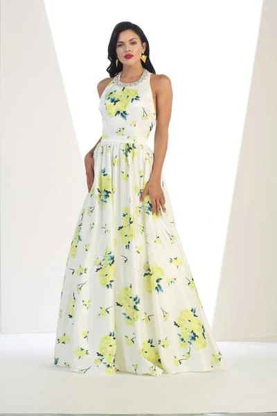 women's minimalist dressesMay Queen - Jewel Neck Floral Print Satin Evening Gown RQ7426