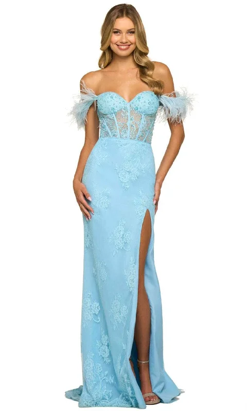 women's chiffon dressesSherri Hill 55068 - Feathered Sleeve Lace Evening Gown