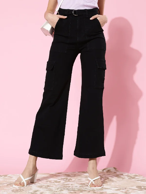 women's black denim jeans24/7 Comfort Women's Black Wide leg Cargo High rise Clean look Regular Stretchable Denim Jeans