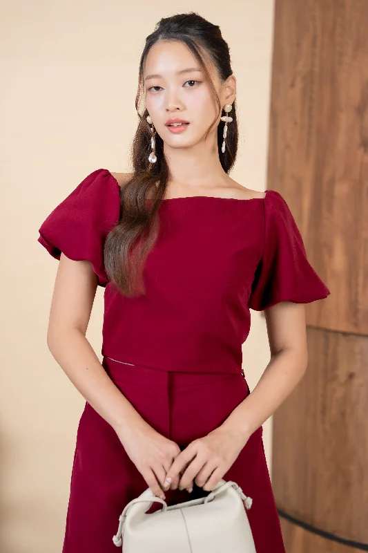 women's high-slit skirtsSandra Pouf Sleeves Slanted Top in Burgundy