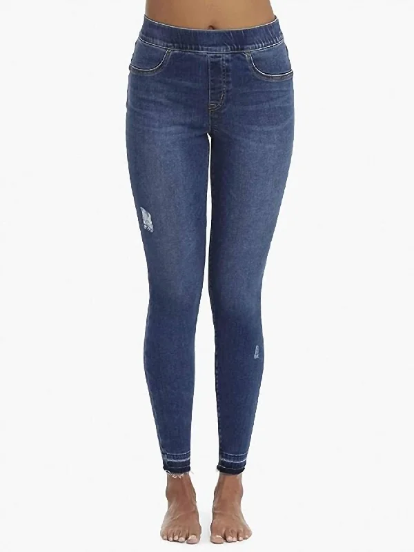 women's denim jeans with adjustable waistbandsDistressed Denim In Medium Wash