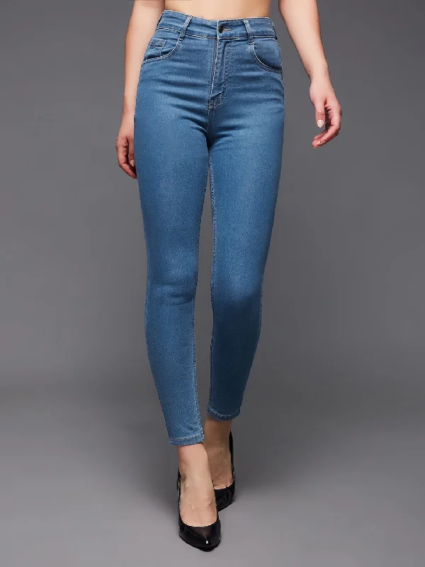 women's denim jeans with leather back pocketsWomen's Blue Solid Skinny High Rise Cropped Solid Stretchable Denim Jeans