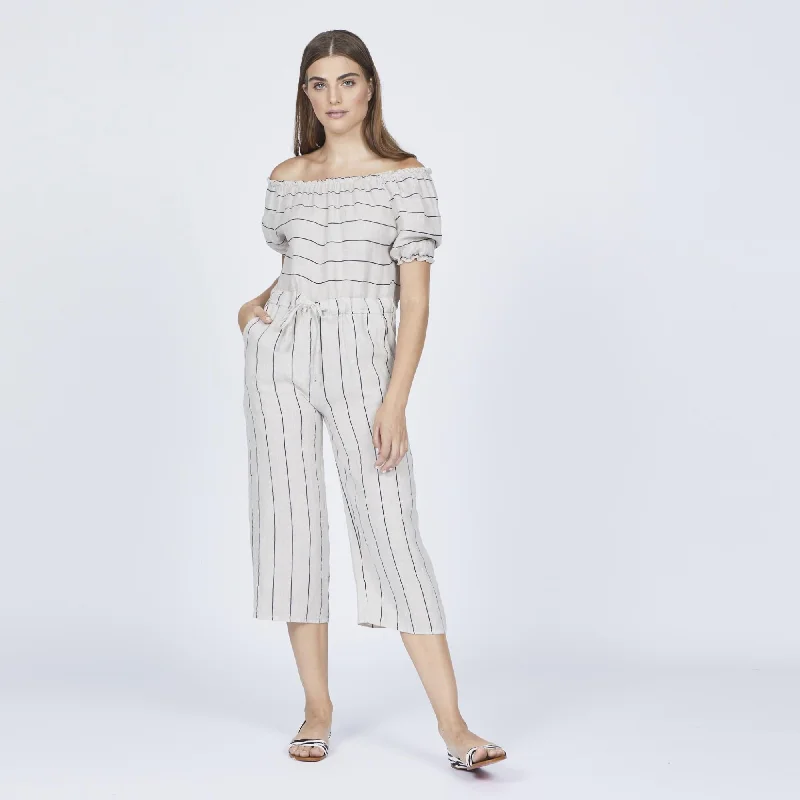 women's dressy jumpsuitsOff-Shoulder Linen Striped Jumpsuit (Sand)