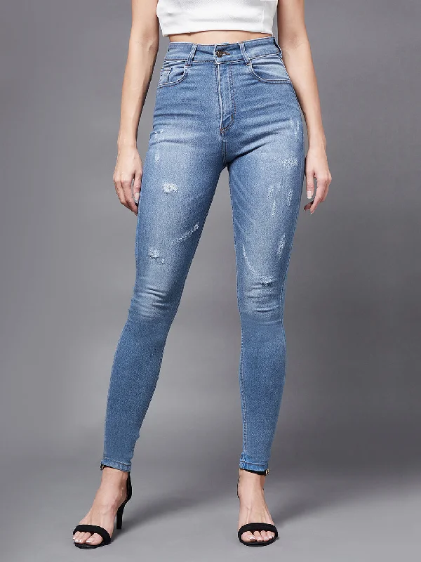 women's elastic waist denim jeans24/7 Comfort Women's Blue Skinny High Rise Mild Distress Stretchable Denim Jeans