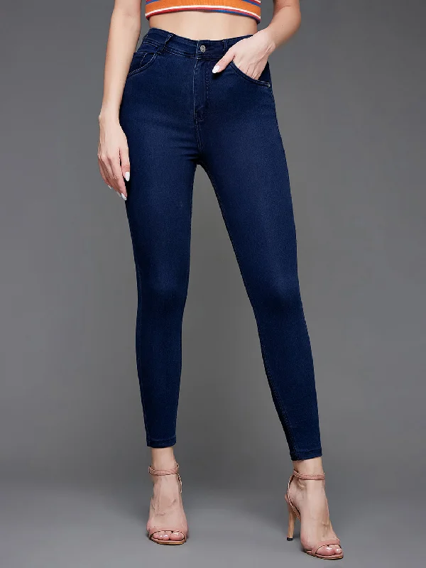 women's denim jeans with distressed thighsWomen's Navy Blue Skinny Fit High Rise Cropped Length Stretchable Denim Jeans