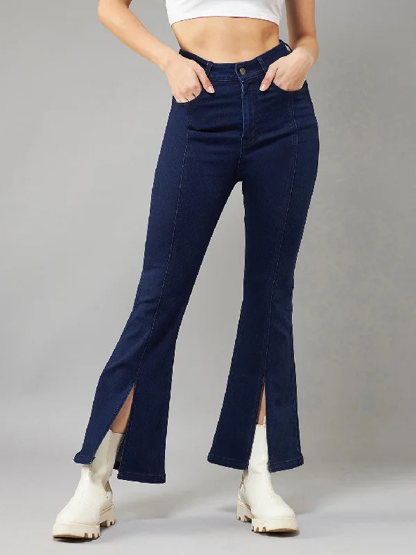 women's denim jeans for a trendy vibe24/7 Comfort Timeless Navy Blue Bell Bottom Bootcut Hourglass High rise Slit Stretchable Denim Jeans