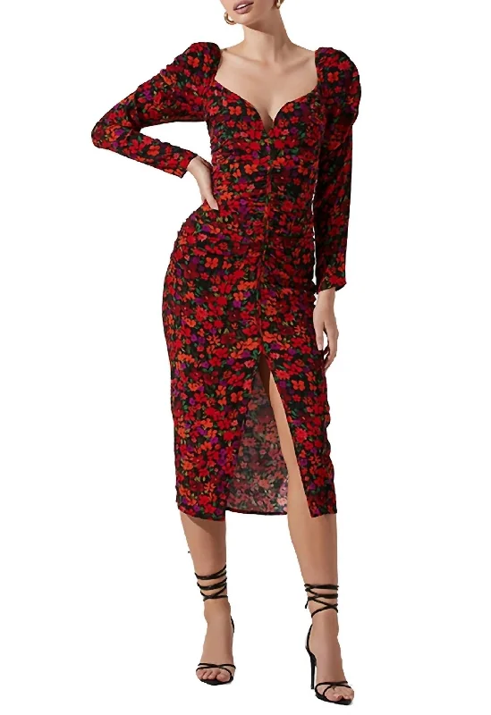 women's short-sleeved dressesJamila Floral Sweetheart Neck Midi Dress in Red Orange Multi