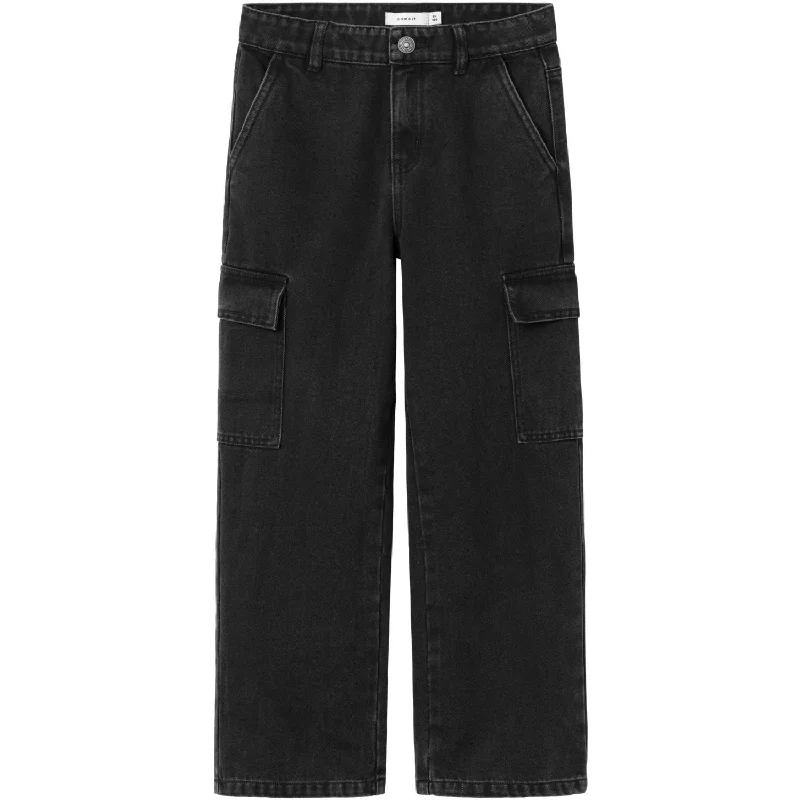 women's denim jeans with belt loopsName It Black Rose High Waisted Wide Cargo Jeans Noos