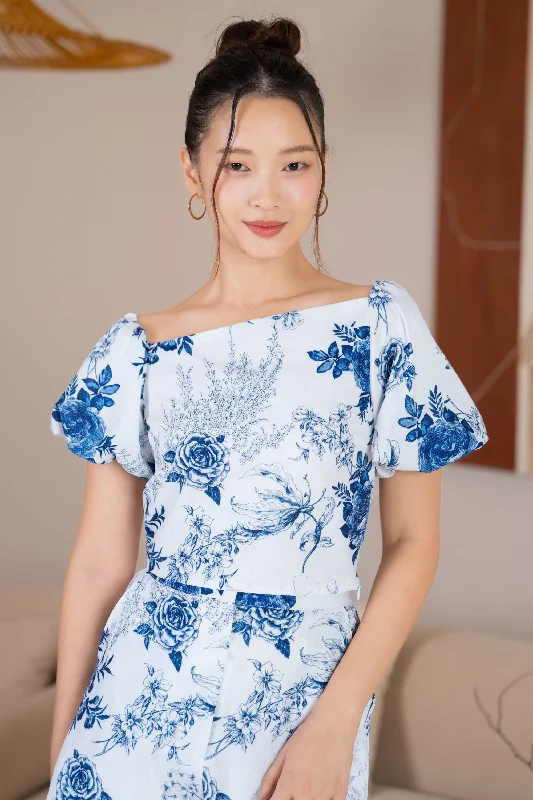 women's maxi skirtsSandra Pouf Sleeves Slanted Top in Navy Florals