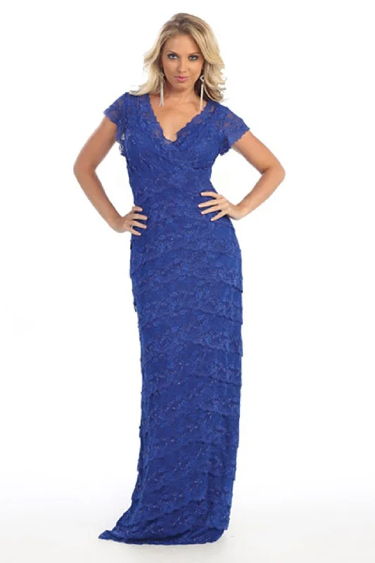 women's curve-hugging dressesMay Queen MQ1077 V Neck Lace Column Evening Gown