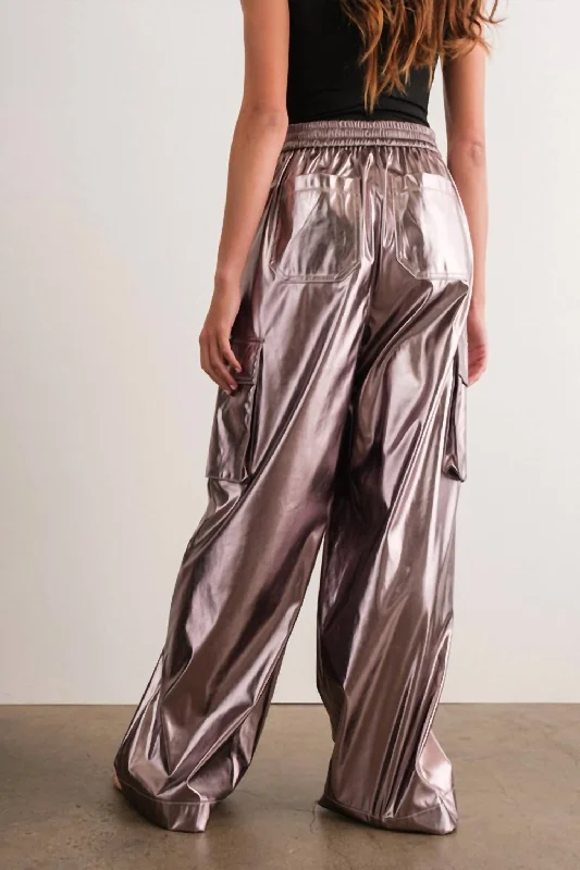 women's party pantsMabel Wide-Leg Metallic Cargo Pants In Silver