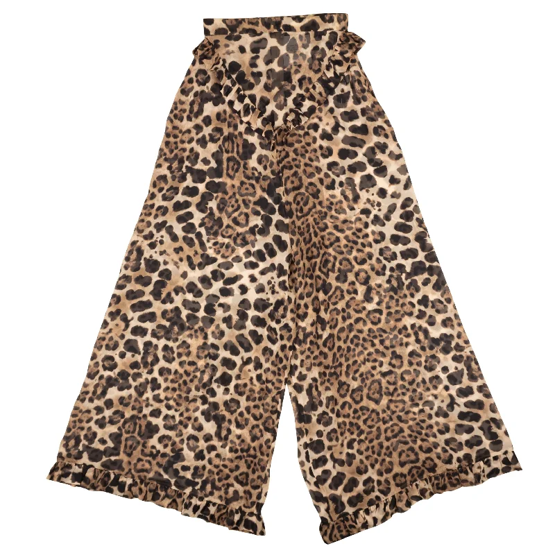 women's ripped pantsRodarte Leopard Print Silk Ruffled Pants - Brown