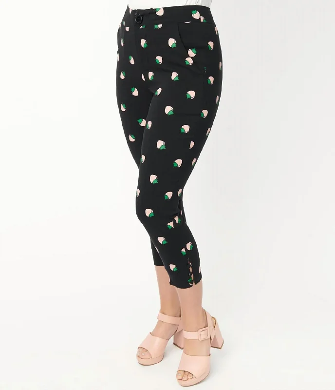 women's distressed pantsStrawberry Print Darienne Capris In Black