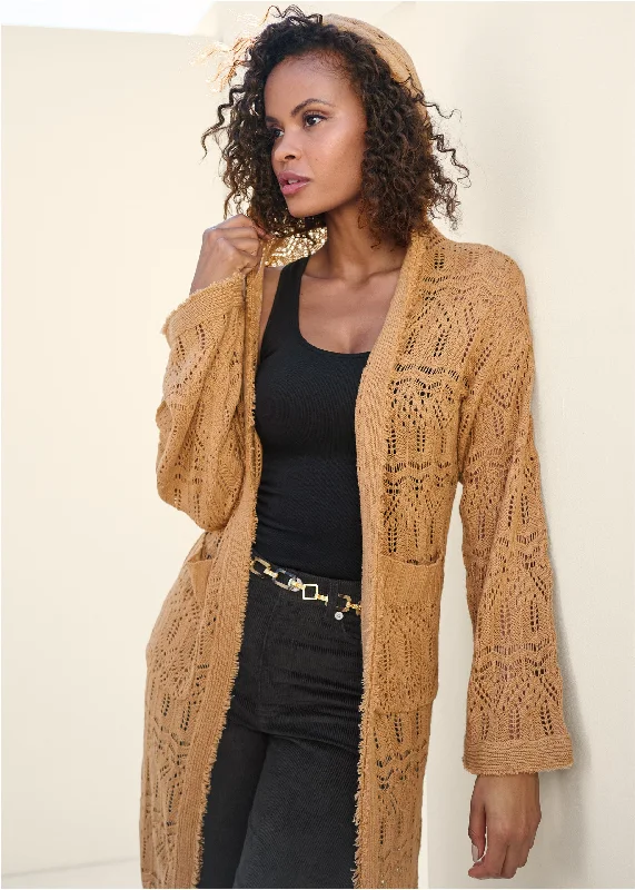 women's travel dressesFringe Detail Hooded Duster - Dark Gold