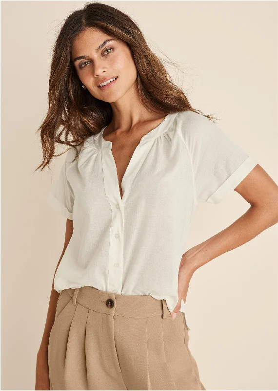 women's long-sleeved dressesShort Sleeve Blouse - Cream