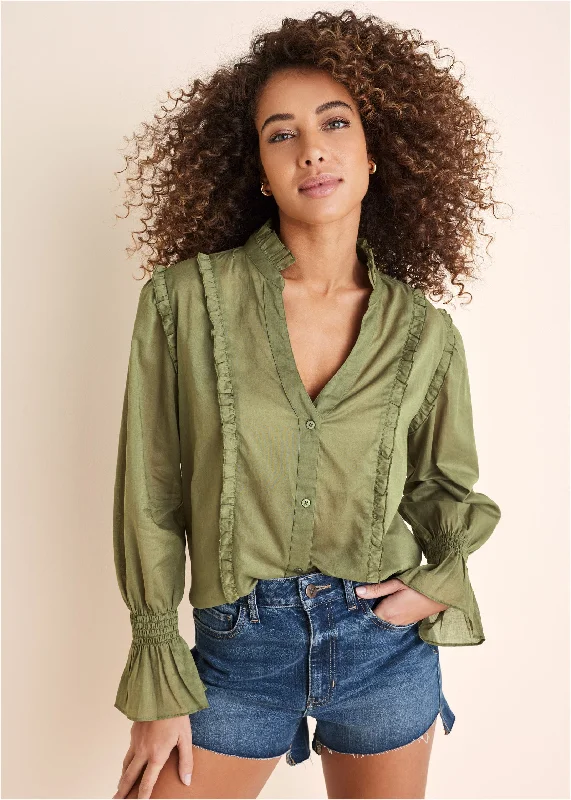 women's vintage dressesRuffle Button-Front Top - Olive